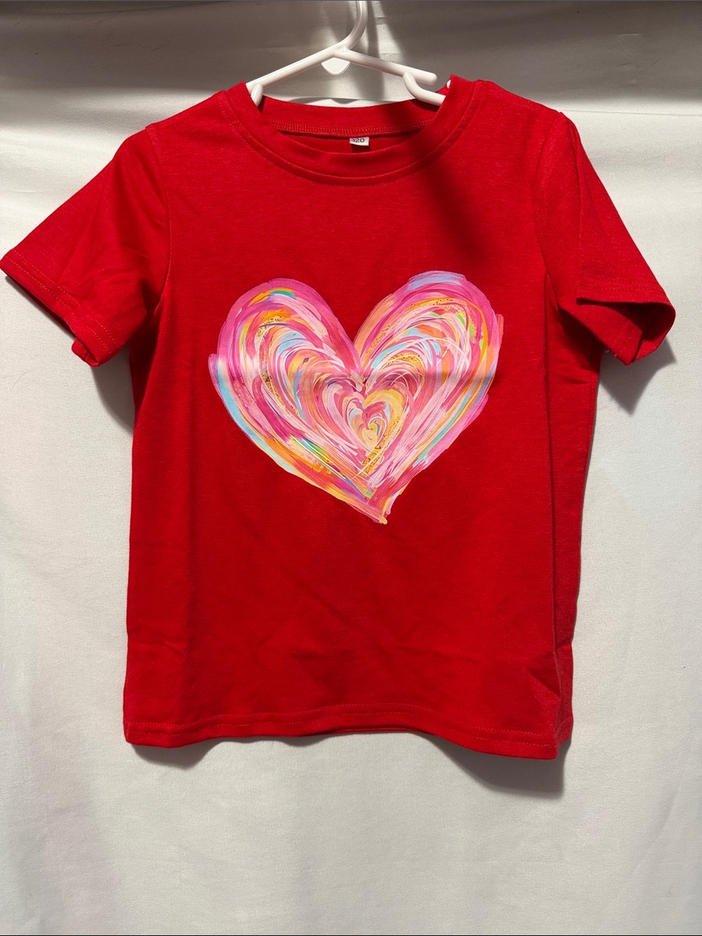 Girls' Red Short-Sleeve Tee with Multicolor Painted Heart